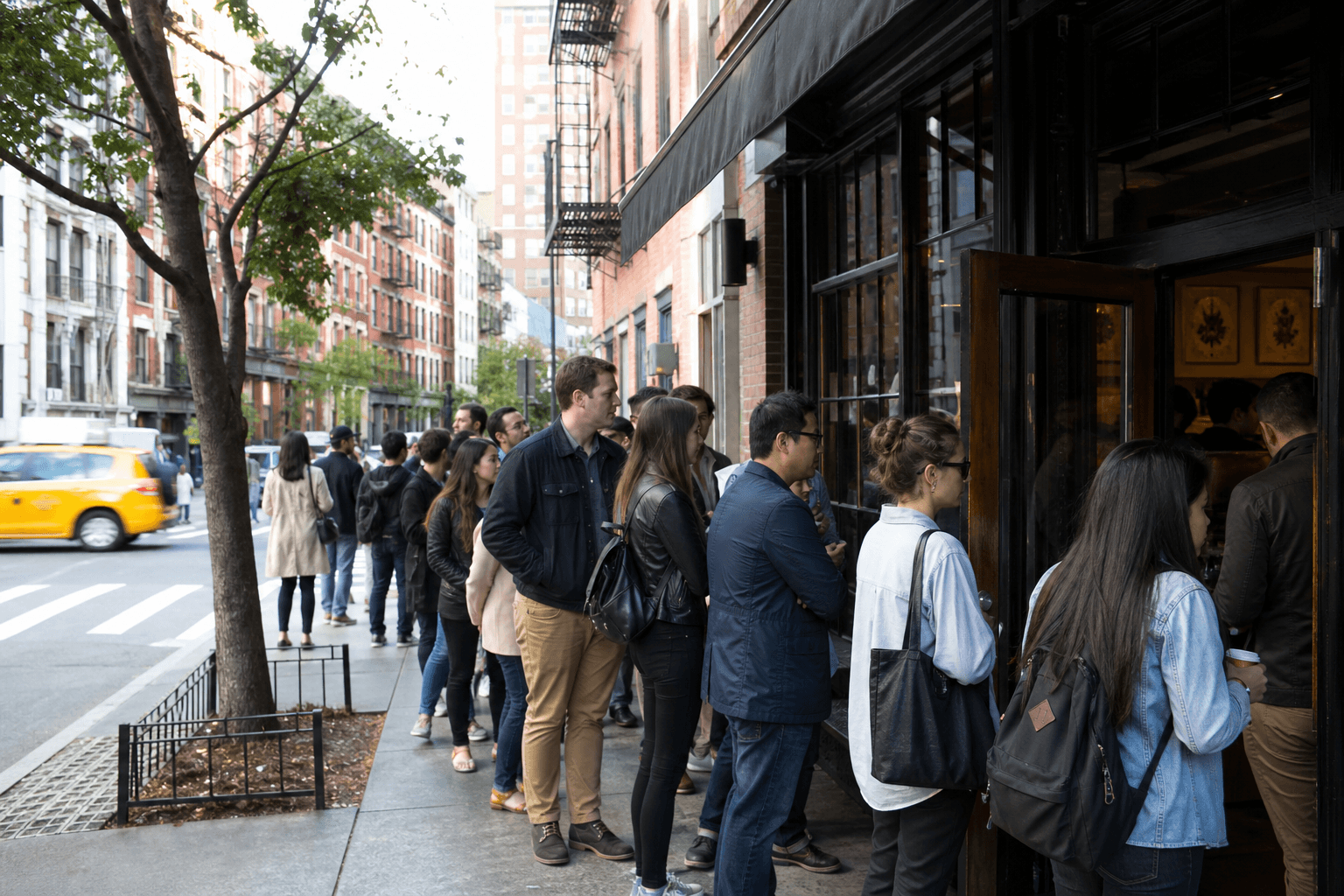 People waiting in line outside a trendy NYC coffee shop