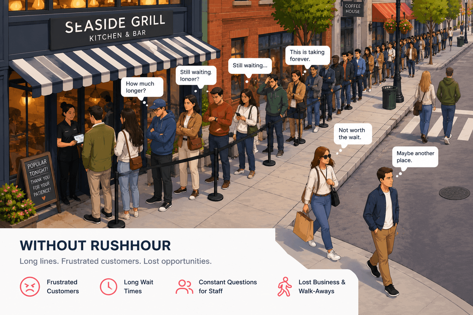 Without RushHour — long lines, frustrated customers, and lost opportunities